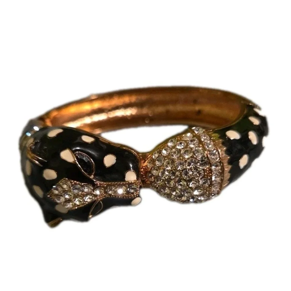 Panther Head Hinged Cuff Bracelet Black White Polka Dot Enamel Rhinestone Gold